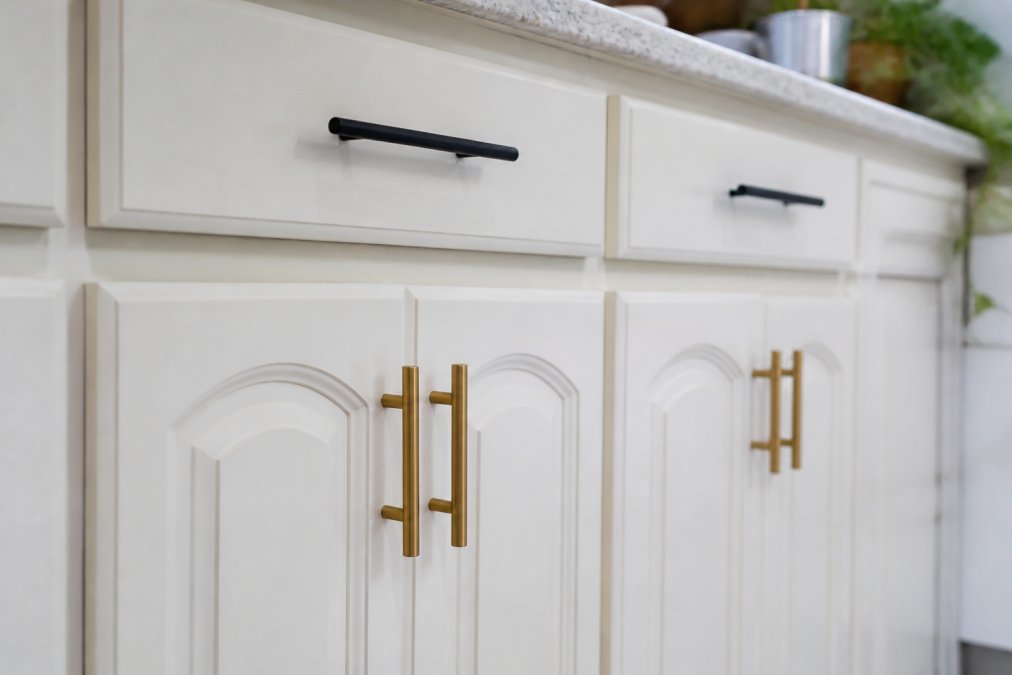 Close-up of modern matte black and brass cabinet pulls installed on white kitchen cabinetry, showing the contrast between sleek contemporary hardware and traditional cabinet doors