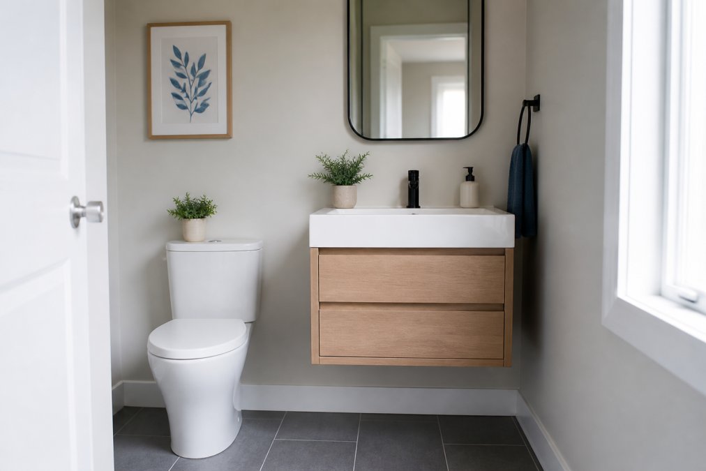 A modern small bathroom with a wall-mounted floating vanity, showing tile flooring and a mirror above the sink