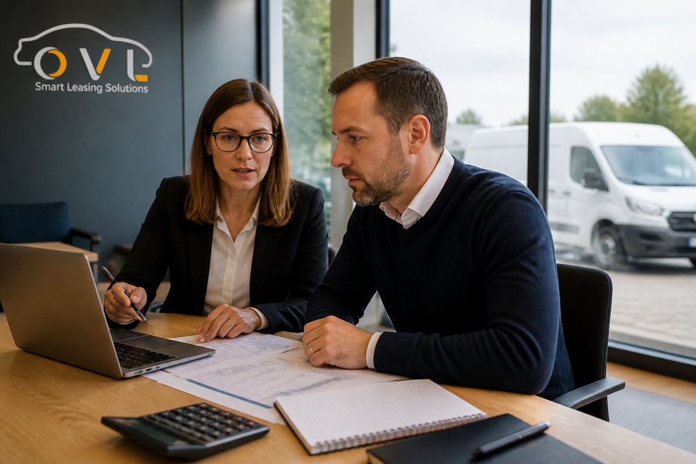 A fleet manager and finance director reviewing vehicle cost spreadsheets on a laptop in a bright modern office, a white van visible through the window outside