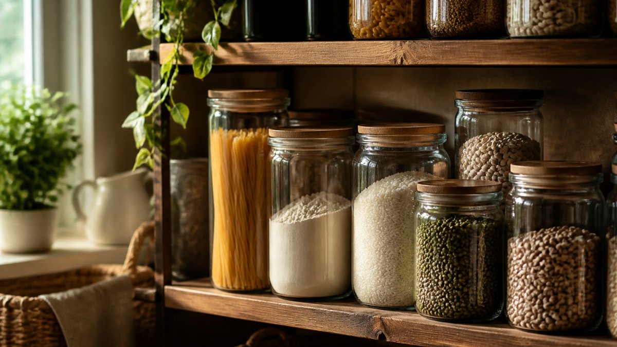 Close-up of an organized pantry shelf with clear glass jars filled with pasta, rice, flour, and dried beans, with handwritten labels and natural lighting streaming in from the side