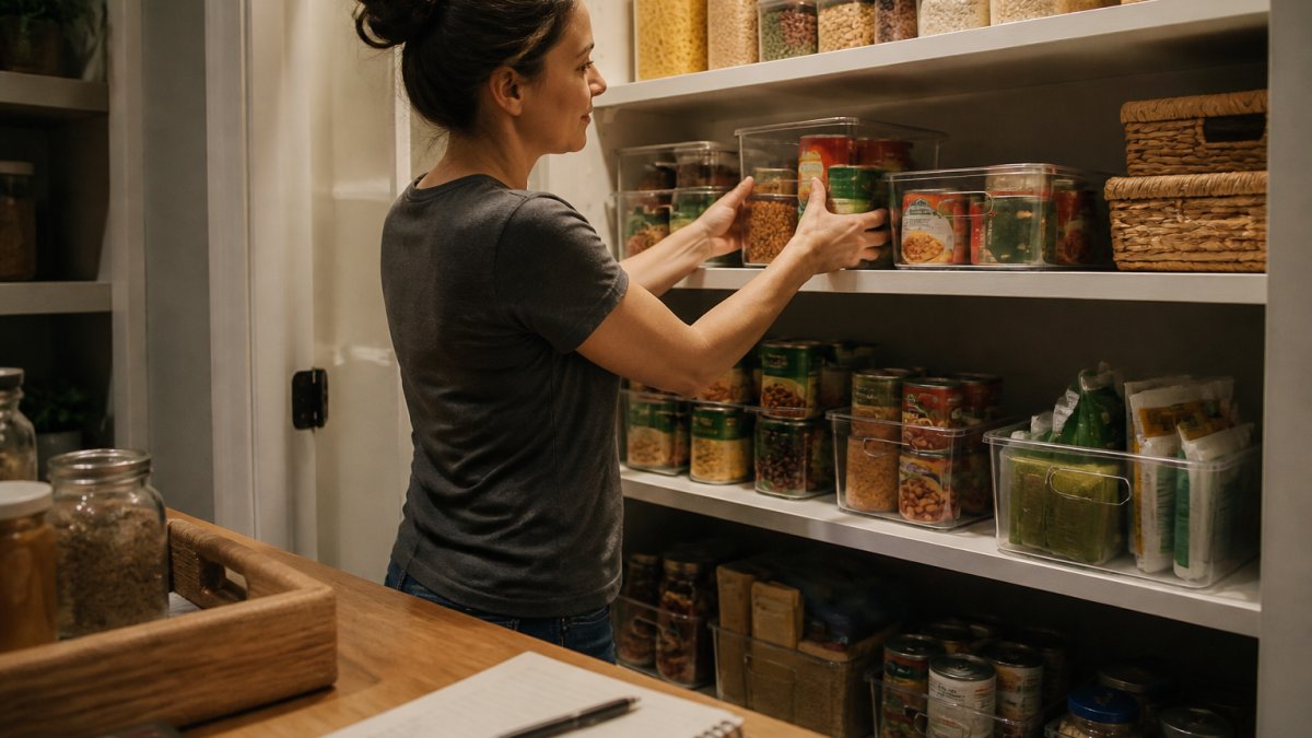 Woman organizing a small kitchen pantry with clear storage bins and cans while using a budget notebook.