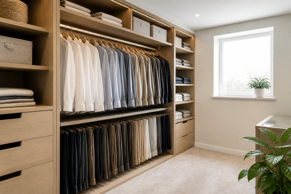 A well-organised walk-in wardrobe with a double hanging rail showing shirts on the top rail and trousers on the bottom rail, adjustable shelving above holding folded knitwear and storage bins, soft natural light, neutral tones, clutter-free