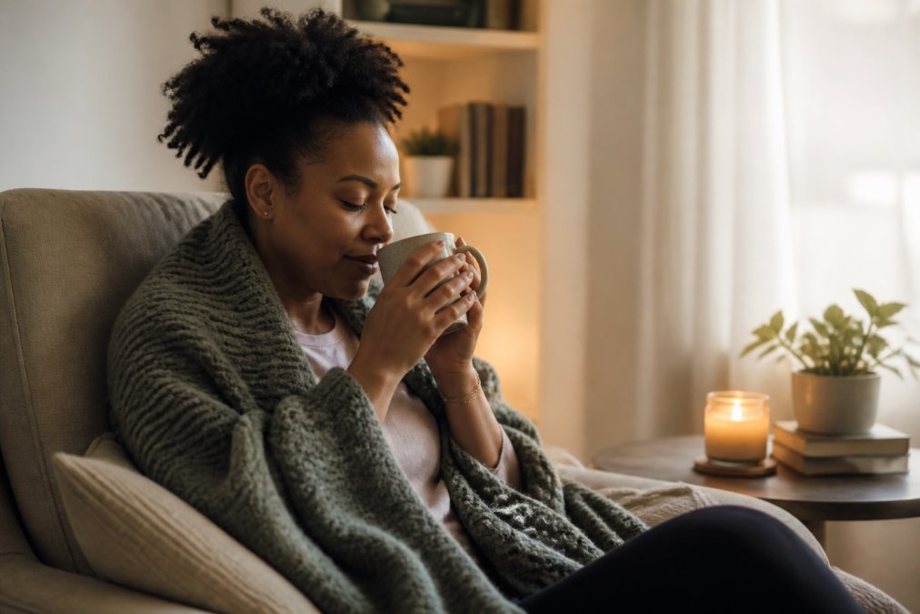 Woman relaxing in a cozy chair with tea and a candle to soothe caregiver burnout in a peaceful home setting.