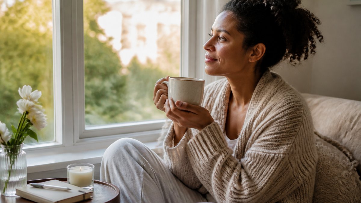 Mom holding a warm mug with an affirmation message by a window in the quiet morning light