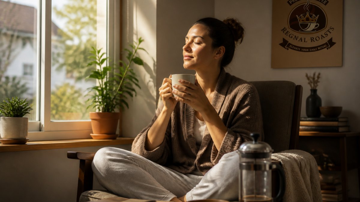 Person sitting peacefully by a window with a warm mug, morning sunlight streaming in, calm and focused expression, cozy home setting