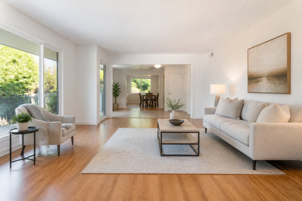 A bright, open living room with minimal furniture, neutral walls, no personal photos or clutter, styled for a home showing, soft natural light through large windows
