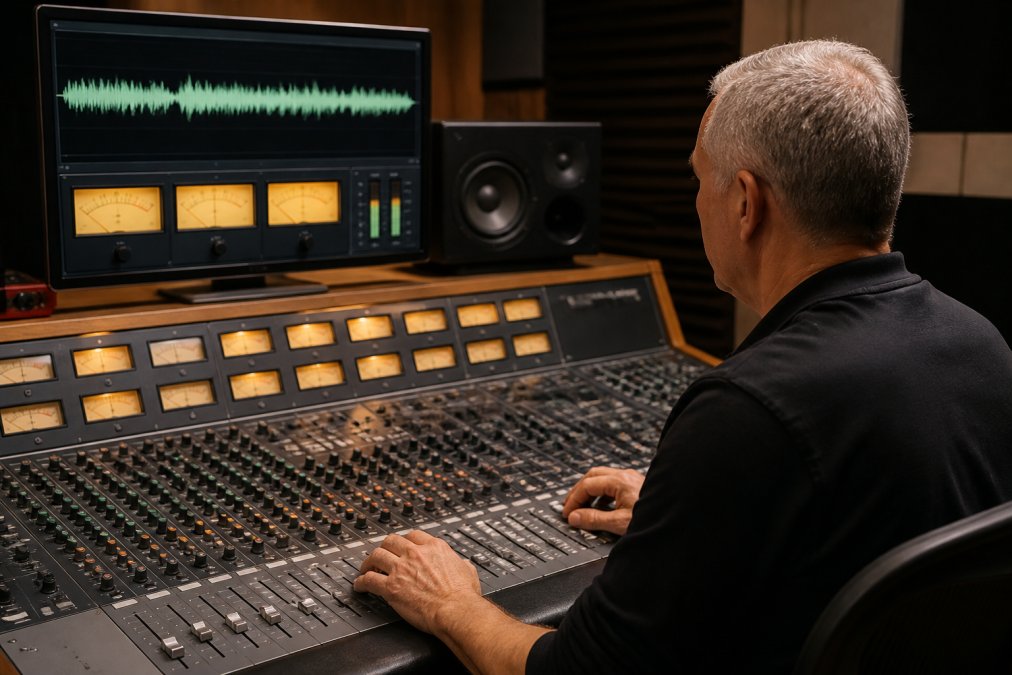 Mastering engineer seated at an analog console in a dimly lit studio, hands on faders, large monitor showing audio waveform and VU meters