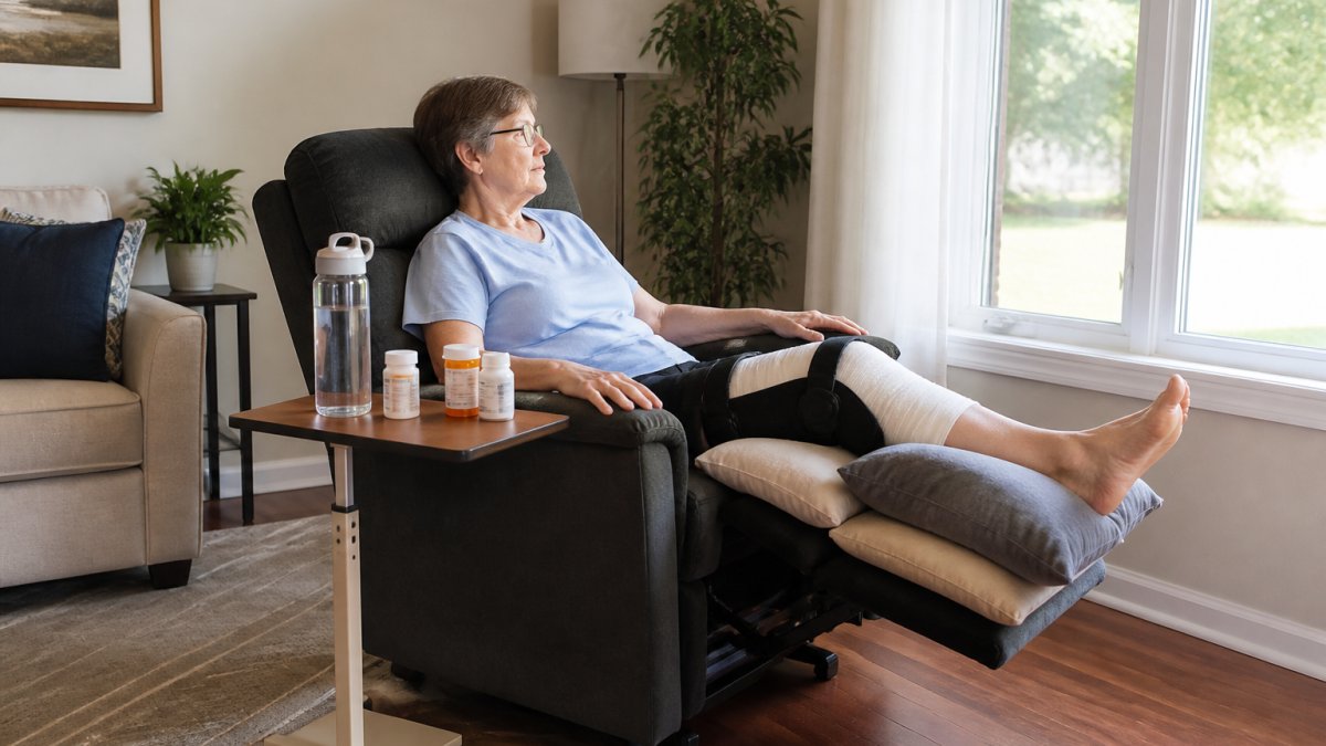 Diagram of an organized recovery space to prepare home knee surgery, showing an elevated leg rest, medications, and clear