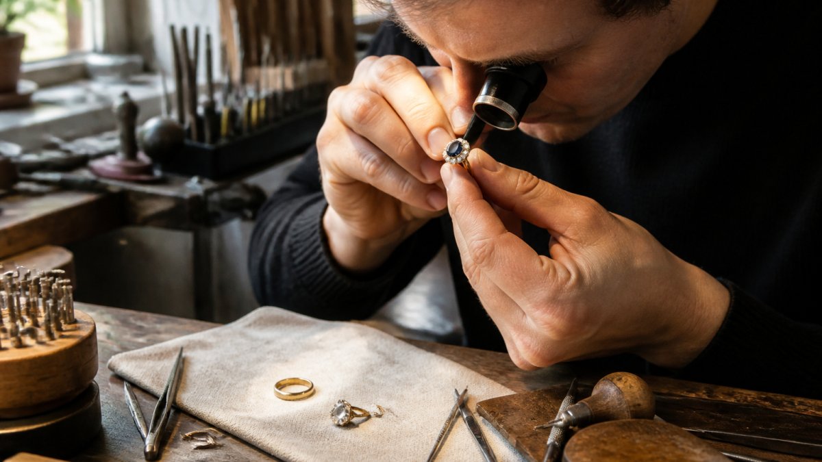 Jeweler using a loupe to carefully inspect an antique ring in a workshop