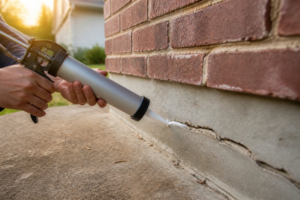Close-up of a hand holding a caulking gun applying white silicone-based caulk into a visible crack along the exterior foundation of a brick house, with morning sunlight illuminating the work area