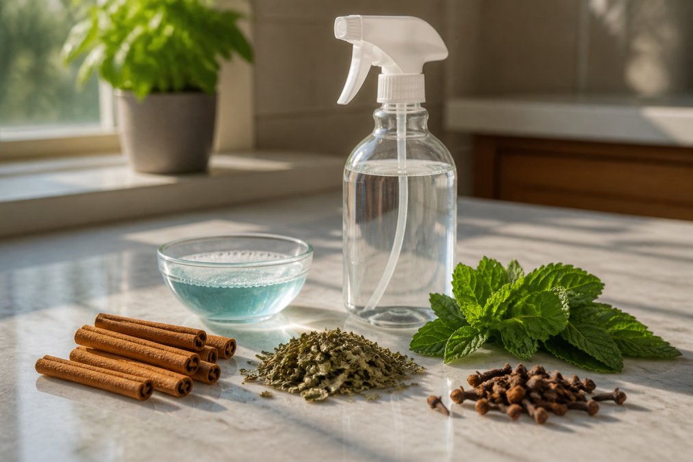 Kitchen counter with a clear spray bottle, small dish of dish soap, and natural ingredients including whole cinnamon sticks, dried peppermint leaves, and cloves arranged on a white surface with warm afternoon sunlight streaming through a window