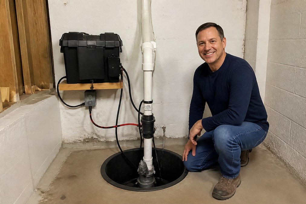 Homeowner standing beside an installed sump pump pit in a basement, showing the pump, discharge pipe, and battery backup system mounted on the wall nearby