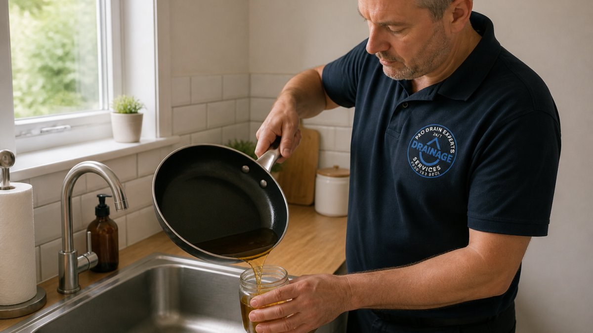 A homeowner in a UK kitchen pouring cooled cooking fat from a frying pan into a small glass jar beside the sink, a metal sink strainer visible in the drain, soft daylight through the window