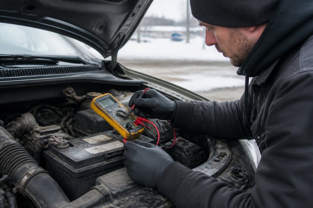 Mechanic using a multimeter to test battery voltage under the bonnet of a car on a cold, grey winter morning