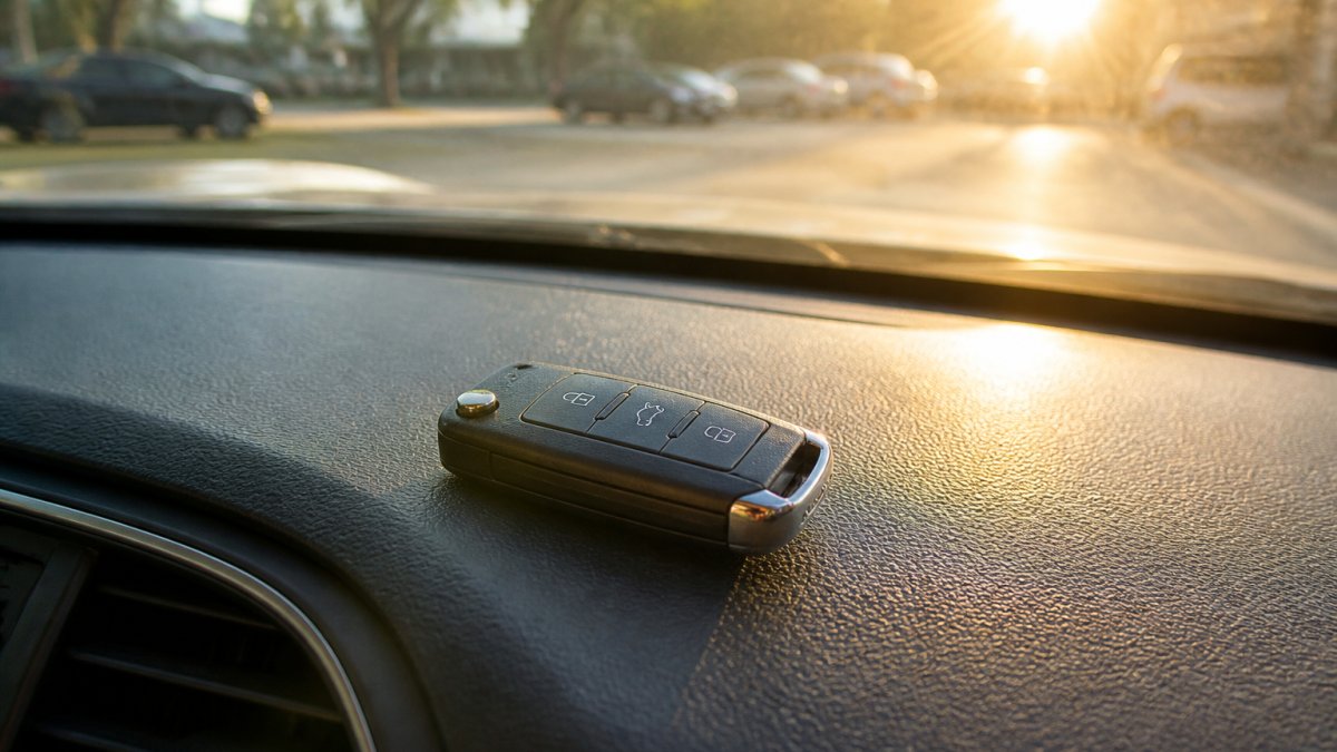 Close-up of a car key fob resting on a scorching hot dashboard, with sunlight streaming through the windshield and heat waves visible