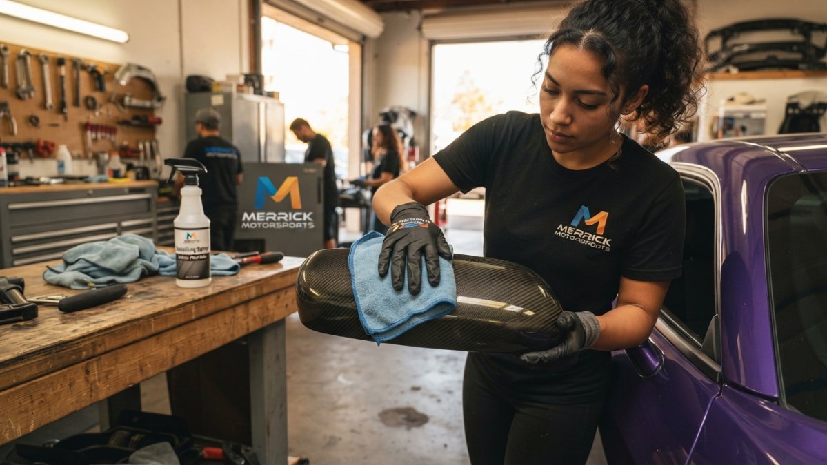 Person using a microfiber cloth to clean a glossy carbon fiber side mirror cover with detailing spray