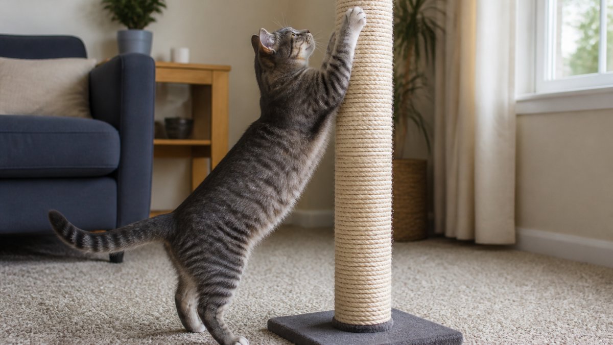 A gray tabby cat stretching up on a tall sisal-wrapped scratching post in a bright living room, front claws extended into the rope, loop pile carpet visible underneath