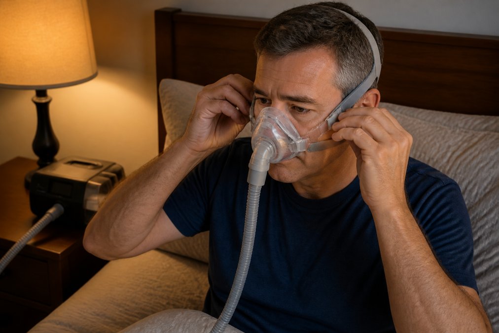 Close-up of a CPAP mask cushion being fitted against a man's face in a softly lit bedroom, his hands adjusting the headgear straps, machine visible on the nightstand