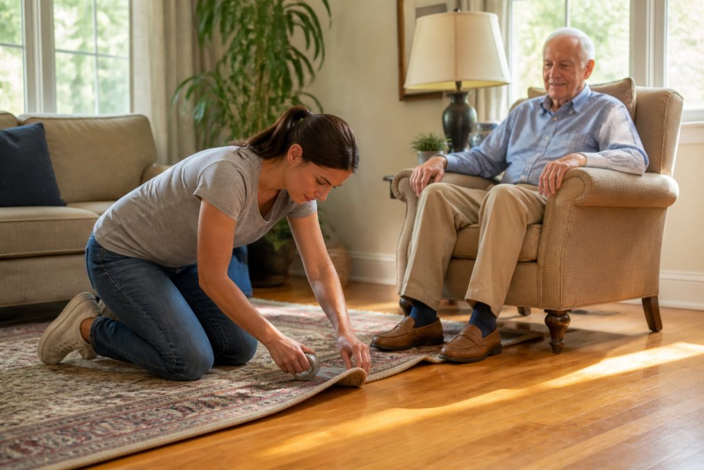 Daughter securing a curled rug edge to help prevent falls as her father watches from a chair nearby.