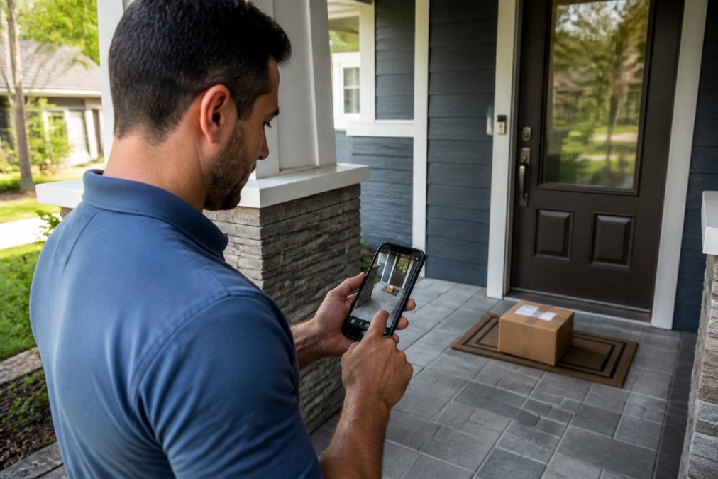 A homeowner adjusting a smart camera's motion zone settings on a smartphone app while standing on a front porch, with a delivery package visible on the doorstep