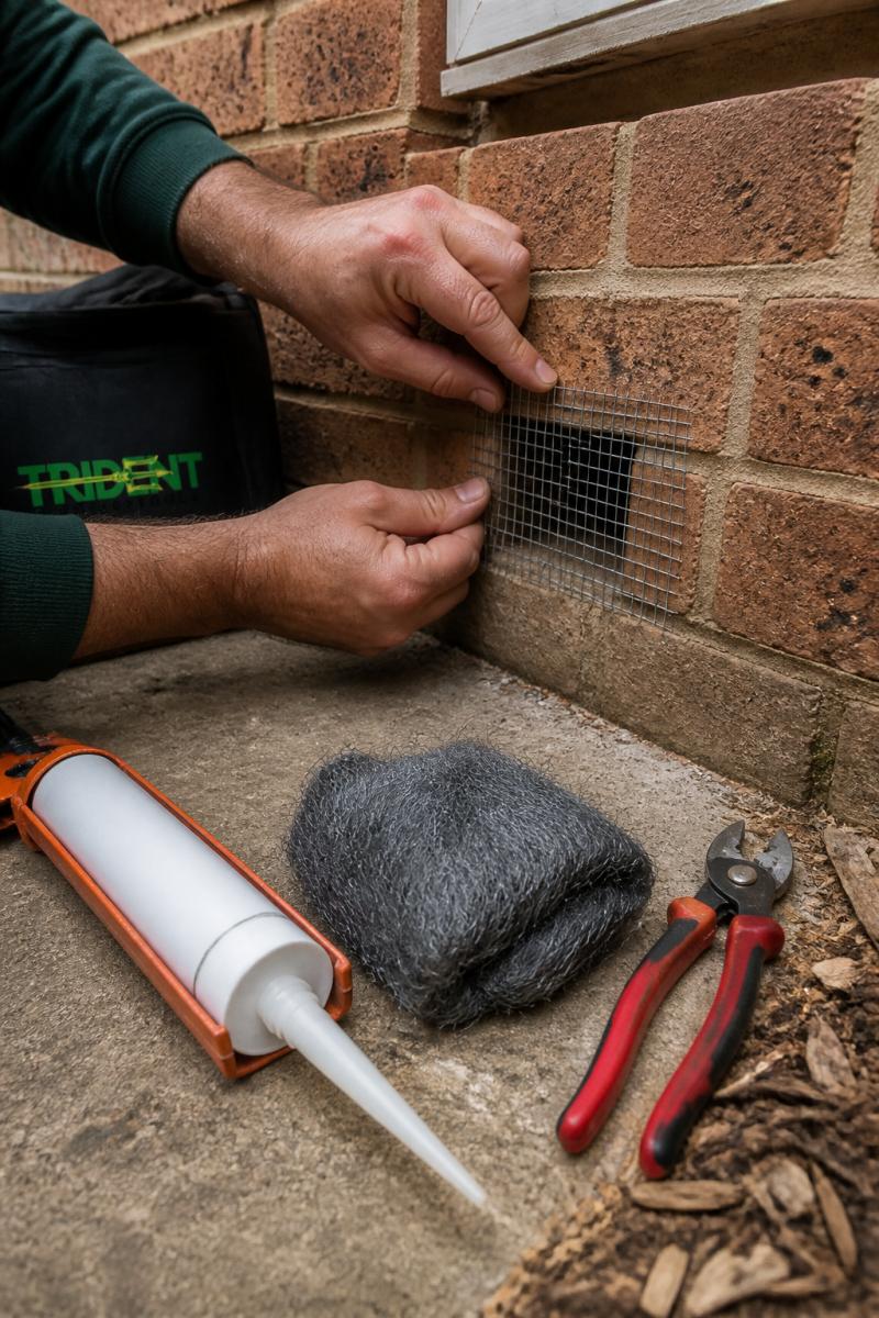 Close-up of hands installing galvanised mesh over a brick weep hole at the base of a suburban Australian home, with steel wool and a caulking gun nearby