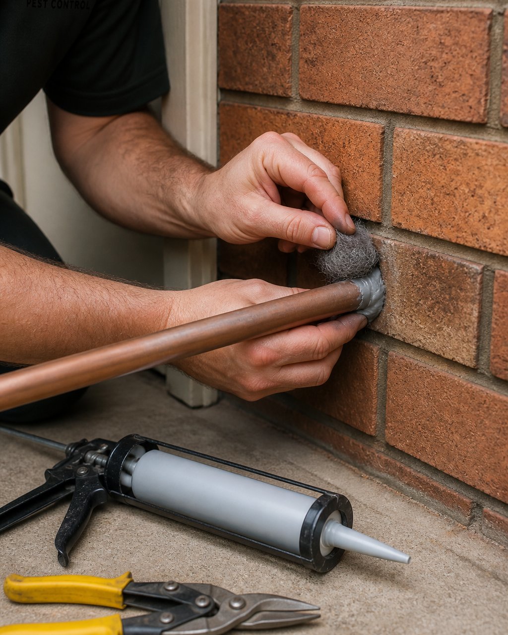 Close-up of a homeowner's hands pressing steel wool and gap filler into a small crack where a pipe enters an exterior brick wall, with a caulking gun and tin snips resting on the ground nearby