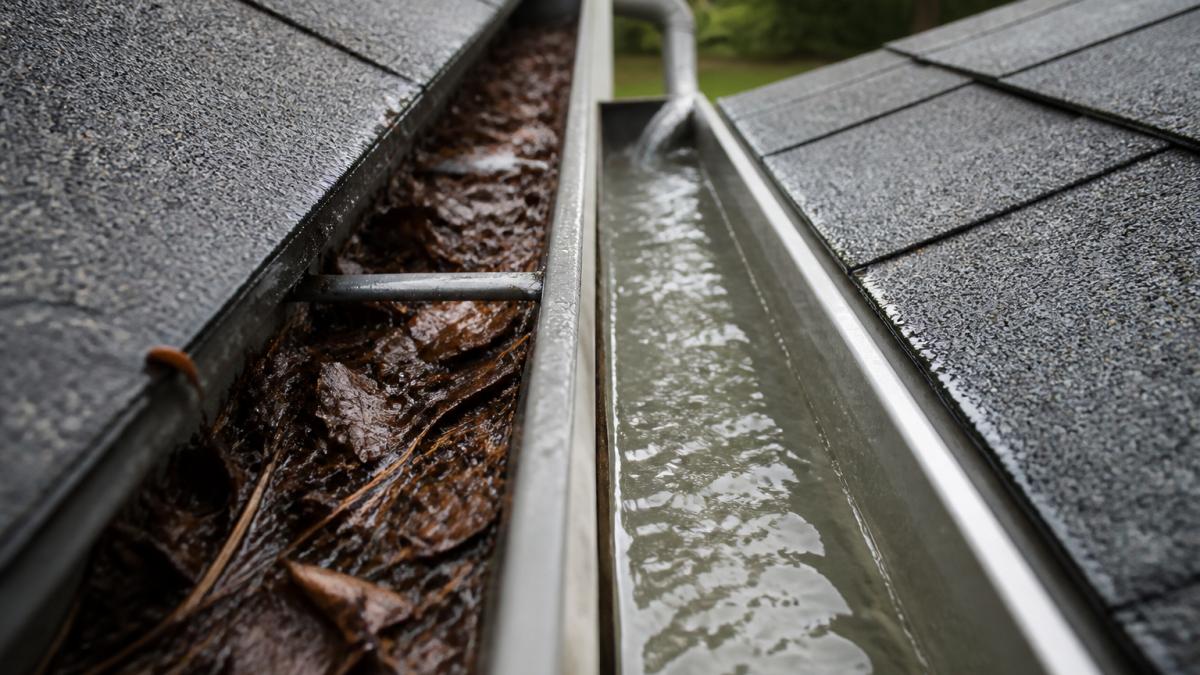 Close-up of a clogged gutter filled with wet leaves and debris beside a clean gutter section showing clear water flow during daylight