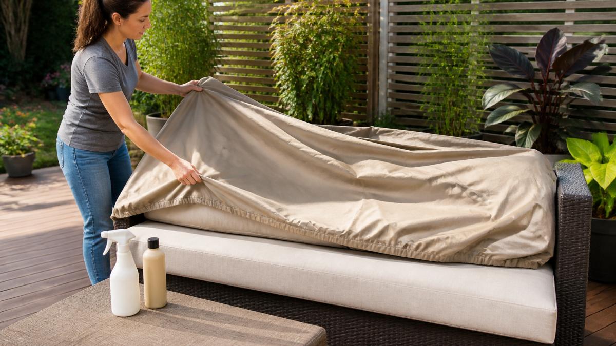 A person draping a fitted protective cover over a patio sofa cushion on a sunny wooden deck, with potted plants and a privacy screen in the background