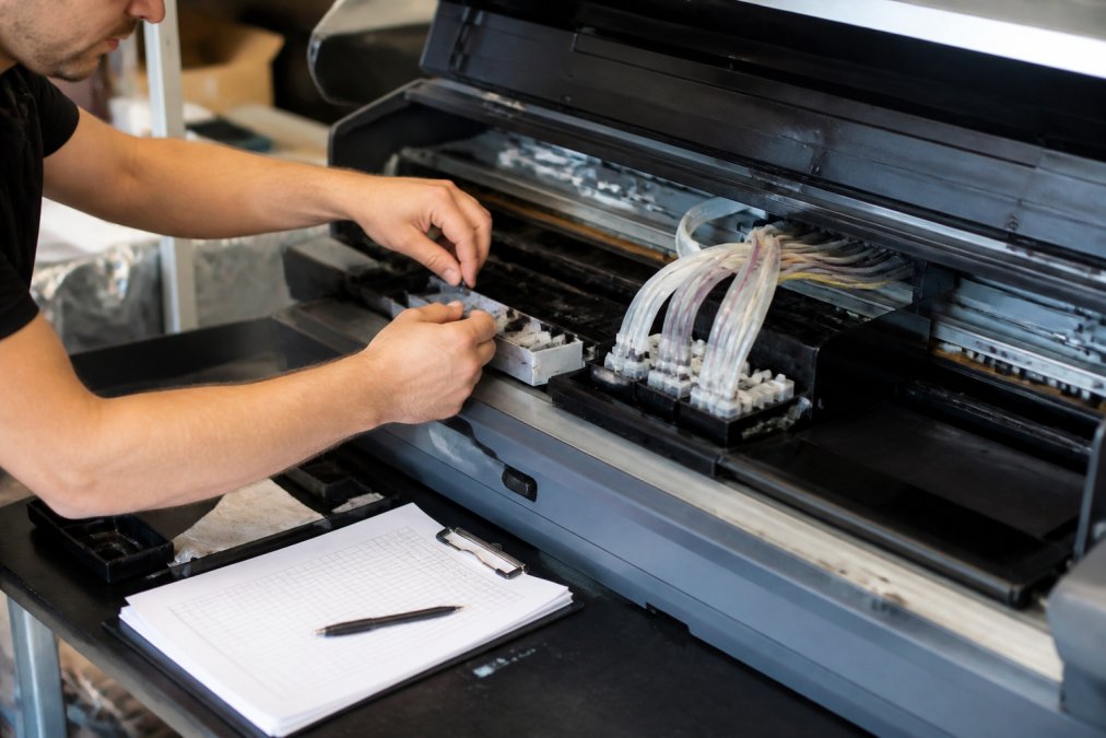 A technician's hands in a print shop inspecting the ink delivery system and cap top seals of a UV printer, with a maintenance log on the workbench