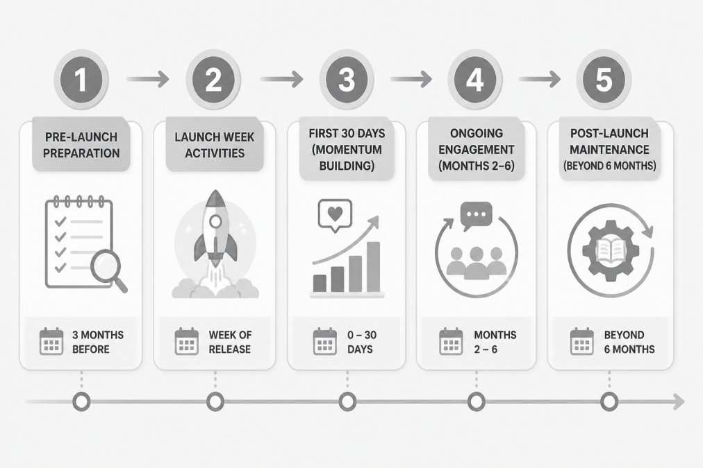 Flowchart timeline to promote a book on a budget, from pre-launch preparation through six months of maintenance.