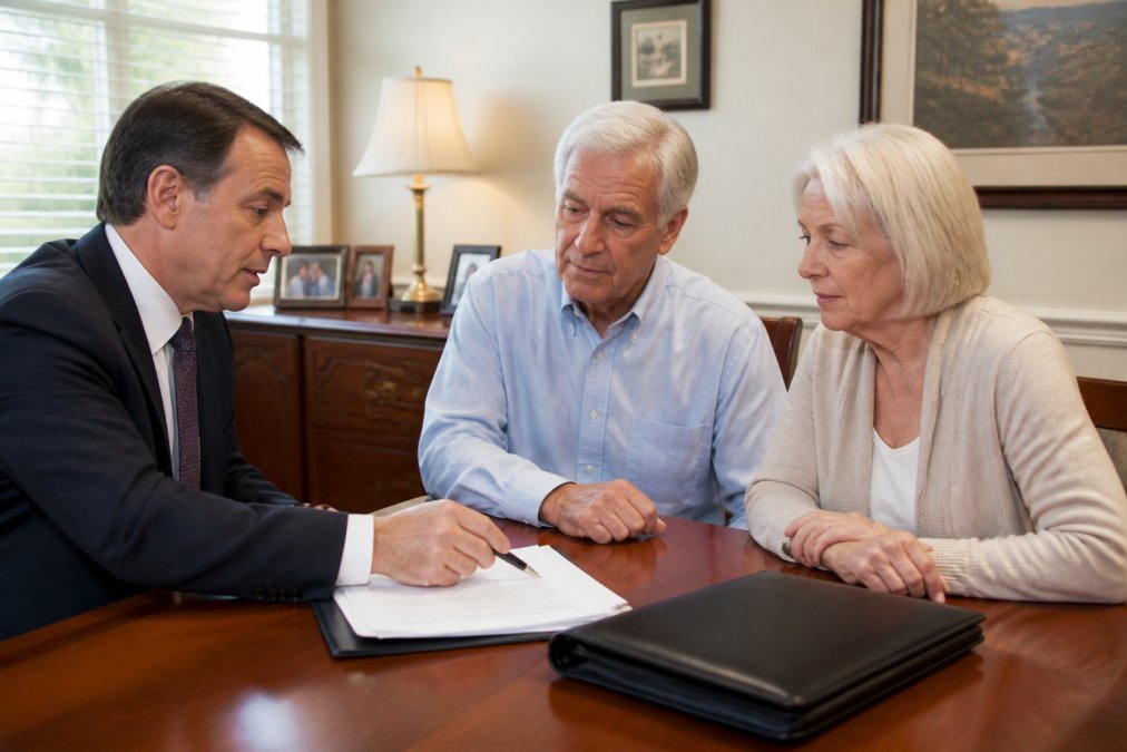 Elder law attorney meeting with a couple to protect assets nursing home costs through estate planning documents
