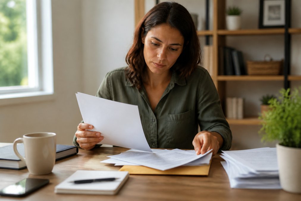 Freelancer reviewing business formation documents and LLC paperwork at desk with laptop and coffee
