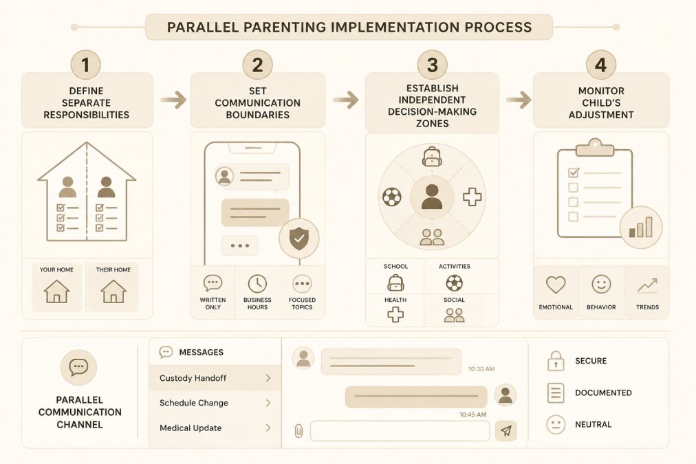 Step-by-step visual guide for Four, Define, Set, Establish for 7 ways to protect your peace during custody handoffs
