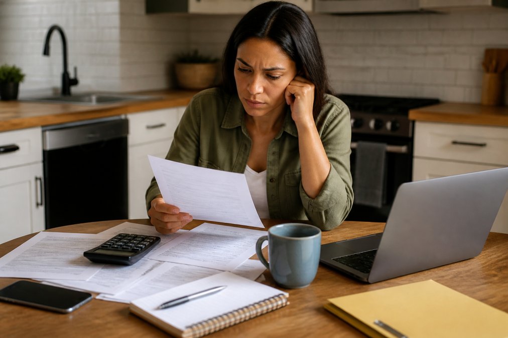 A person reviewing financial documents and a laptop at a kitchen table, looking concerned but focused, with a calculator and coffee mug nearby