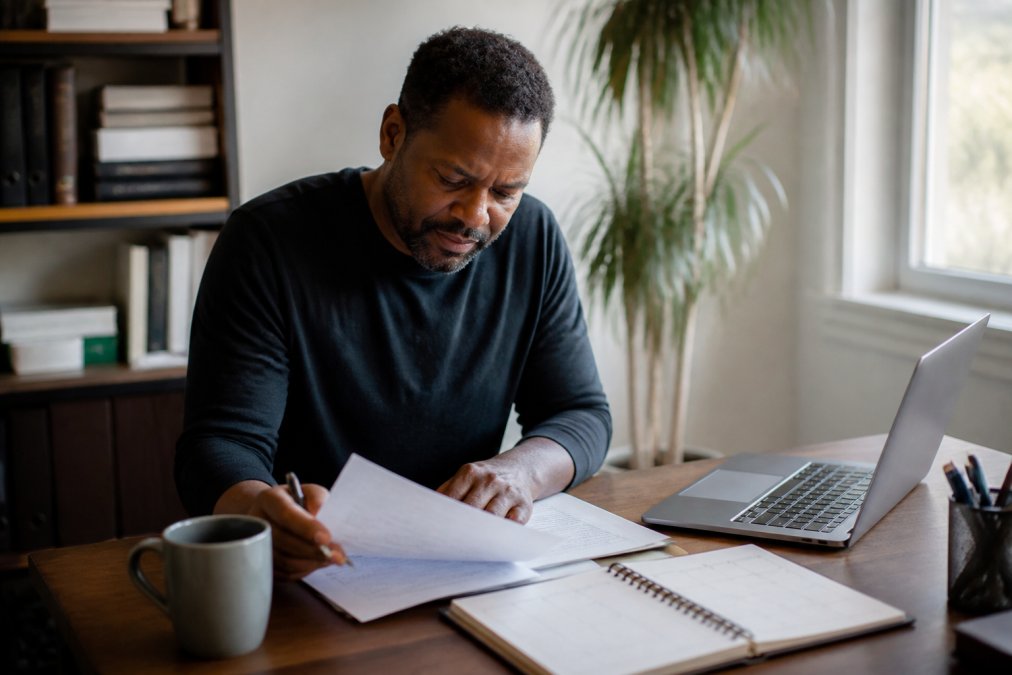 Business owner reviewing financial documents on a laptop to reduce business tax during year-round planning.