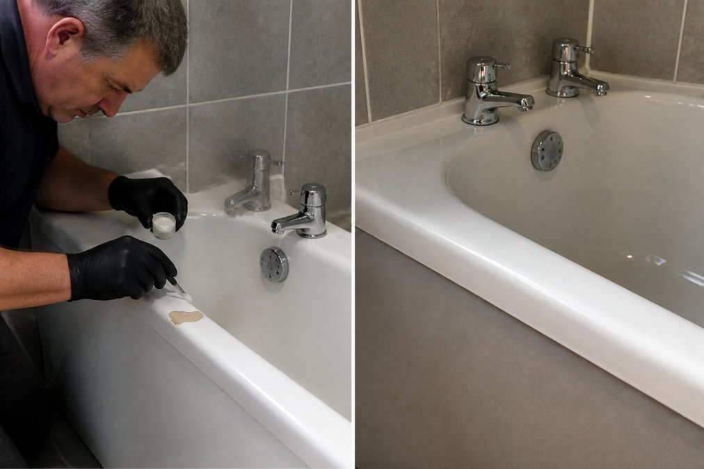 A tradesperson carefully repairing a chipped ceramic bath in a domestic bathroom, applying filler with precision tools, with the existing fittings intact around them