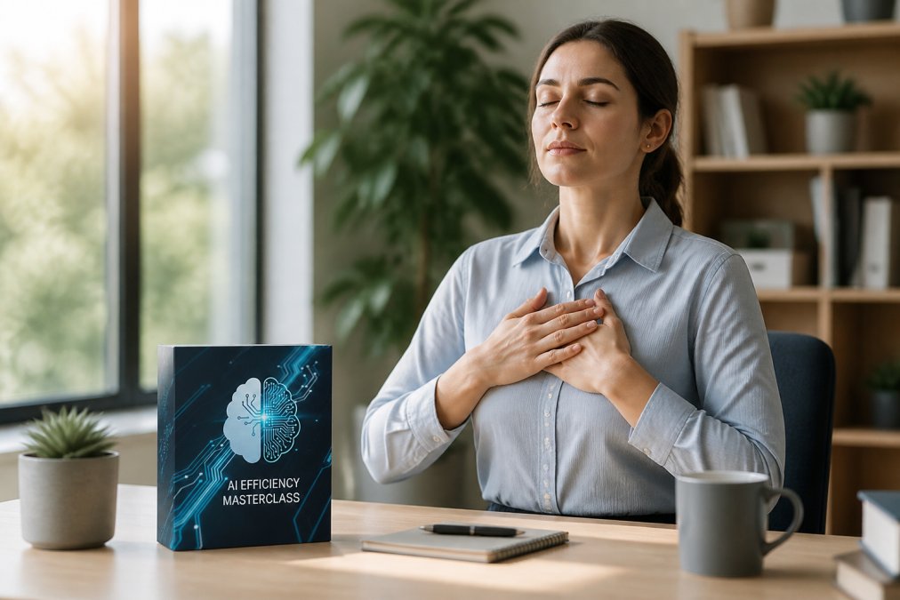 Professional sitting at desk with eyes closed, taking a deep breath with hands on chest in calm office environment with natural window lighting