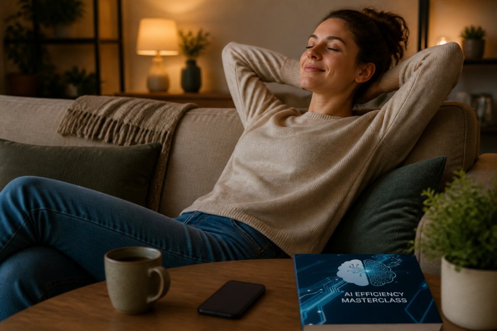 Person relaxing on couch at home with phone turned away, cup of tea nearby, peaceful evening lighting with soft ambient light
