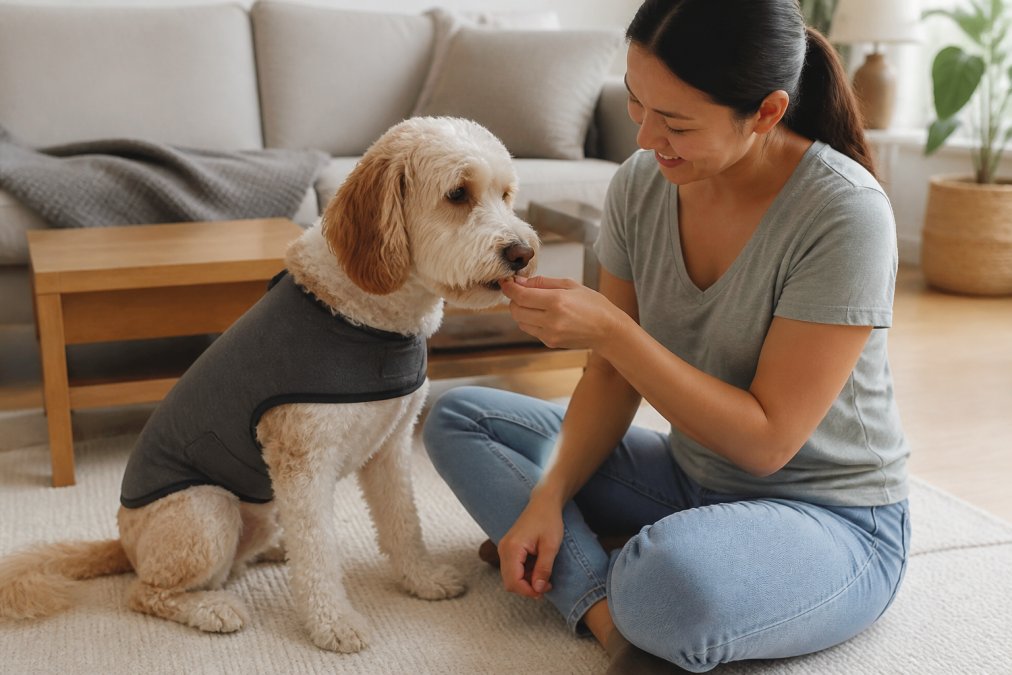 A dog wearing a calming wrap or pressure vest, sitting calmly next to owner in a comfortable home setting with natural lighting