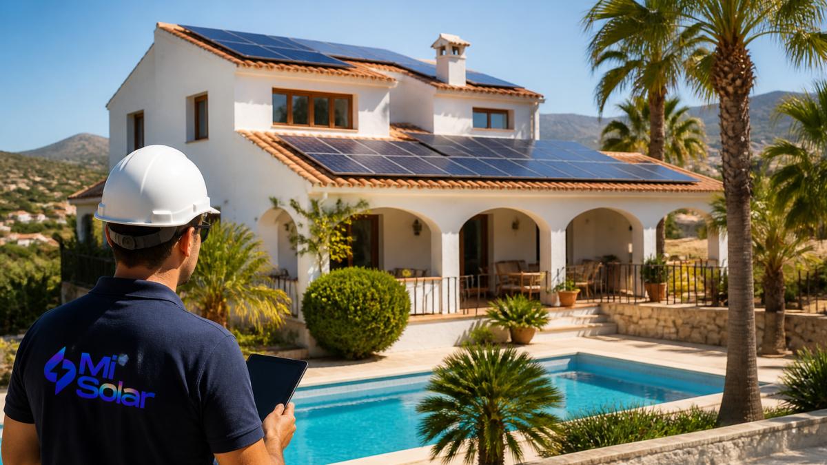 A whitewashed villa with a terracotta tiled roof covered in solar panels under bright Mediterranean sunlight, with a pool and palm trees in the foreground