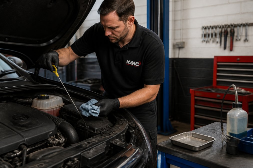 Mechanic in workshop checking engine oil level and fluid condition under the bonnet of a vehicle, with diagnostic equipment visible on the workbench