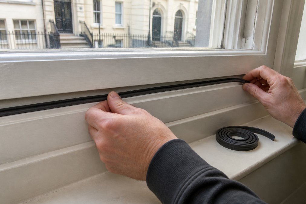 Close-up of hands fitting a self-adhesive rubber draught seal along the bottom edge of a white timber sash window in a period British home, daylight from the street outside