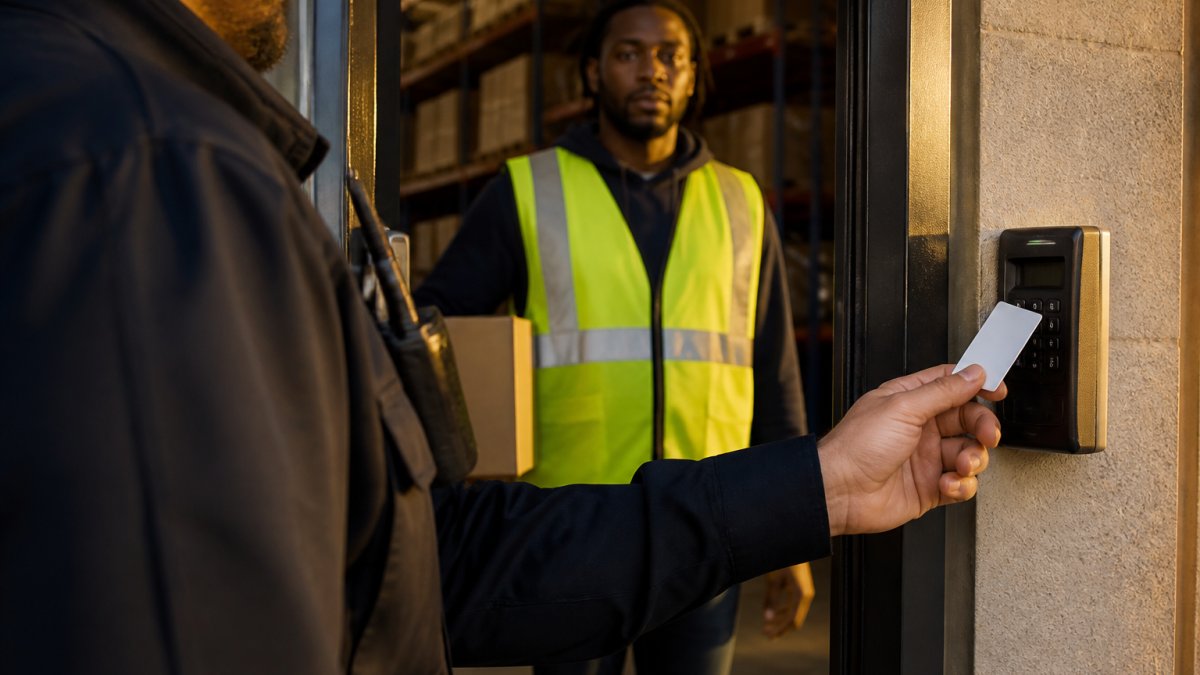 Security professional checking employee credentials at a warehouse to help reduce inventory shrinkage