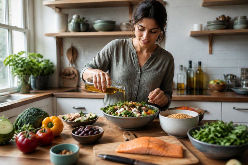 A person in a bright kitchen preparing a colorful Mediterranean-style meal with olive oil, leafy greens, and whole grains on a wooden countertop