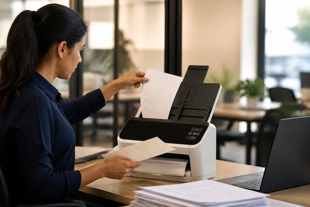Close-up of a person scanning a paper invoice with a desktop scanner while a laptop screen shows a digital document being captured