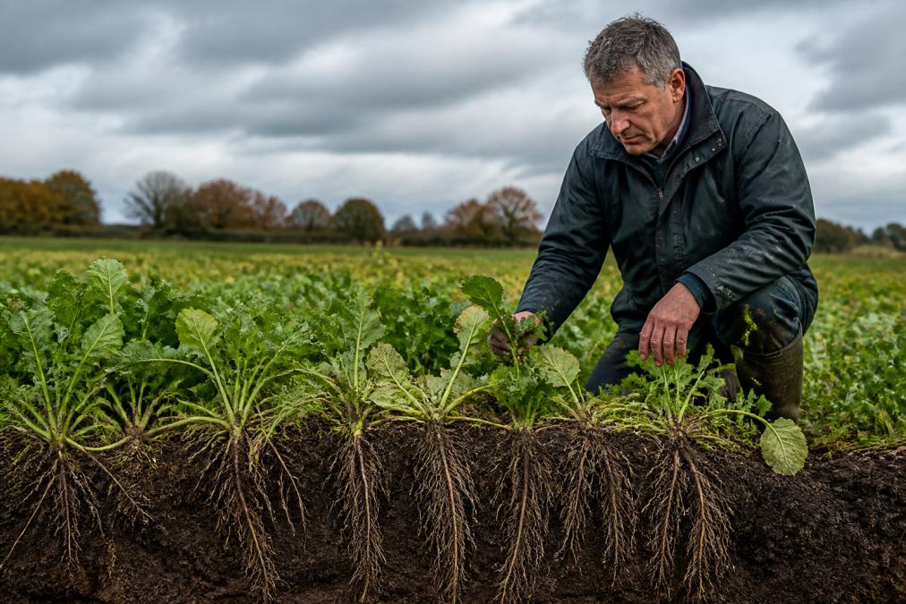 A farmer in a waxed jacket inspecting a lush field of cover crops in autumn, deep-rooting species visible in the soil, under overcast British skies