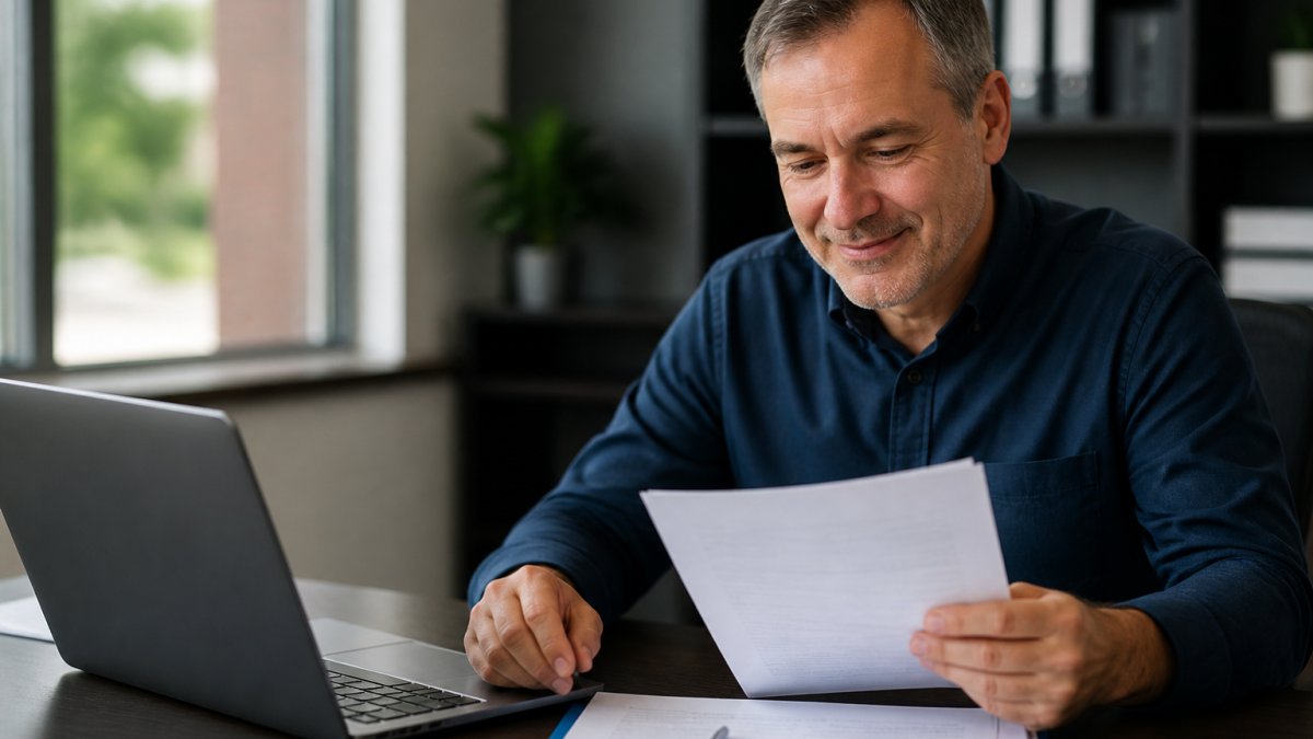 Small business owner at desk reviewing payroll documents with relieved expression, laptop showing payroll software interface, natural office lighting