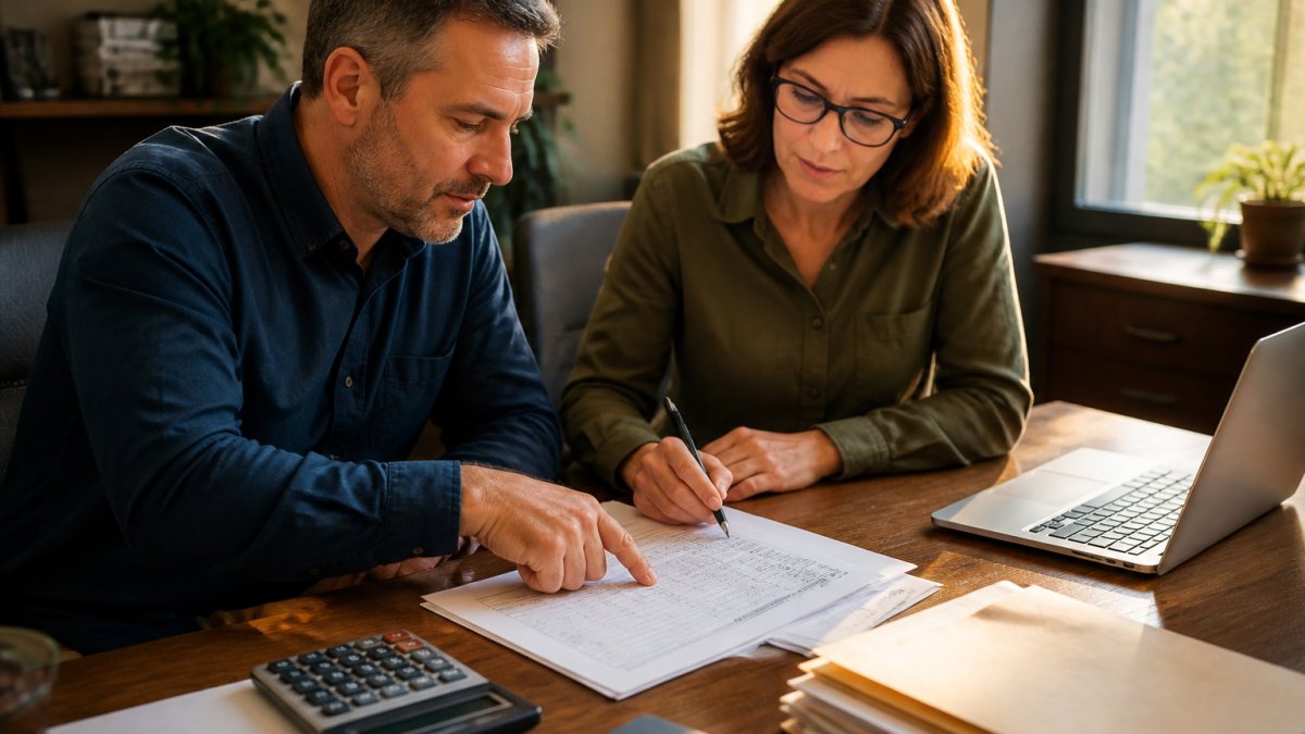A small business owner and an office manager reviewing payroll paperwork together at a desk, pointing at a printed report with a calculator and laptop nearby
