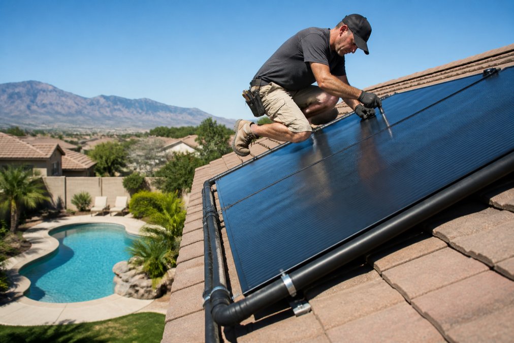 Technician installing solar panels on a roof to reduce pool heating costs for a home with a backyard pool