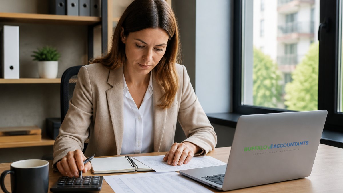 Property manager reviewing financial reports on a laptop to reduce property management overhead in a modern office.